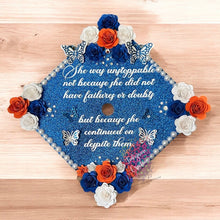 Load image into Gallery viewer, Pre-Designed Graduation Cap Topper – Elegant Butterfly, Pearl & Rhinestone Floral Design