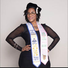 Load image into Gallery viewer, "Alpha Kappa Alpha sorority custom satin graduation stole in pink and green with personalized vinyl text"
