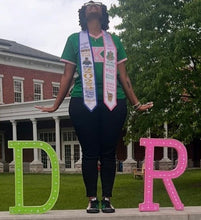 Load image into Gallery viewer, "Alpha Kappa Alpha sorority custom satin graduation stole in pink and green with personalized vinyl text"