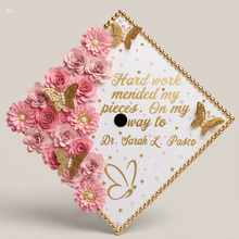 Load image into Gallery viewer, Fully Customized Graduation Cap Topper – Personalized Floral Decorated Cap Gift