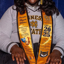 Load image into Gallery viewer, "Personalized satin graduation stole for college graduates with custom school colors and name"