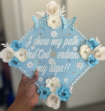 Load image into Gallery viewer, Pre-Designed Graduation Cap Topper β Elegant Butterfly, Pearl & Rhinestone Floral Design