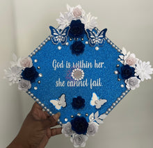 Load image into Gallery viewer, Pre-Designed Graduation Cap Topper β Elegant Butterfly, Pearl & Rhinestone Floral Design