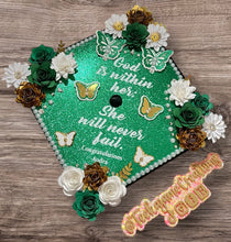 Load image into Gallery viewer, Pre-Designed Graduation Cap Topper – Elegant Butterfly, Pearl &amp; Rhinestone Floral Design
