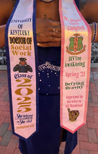 Load image into Gallery viewer, "Alpha Kappa Alpha sorority custom satin graduation stole in pink and green with personalized vinyl text"
