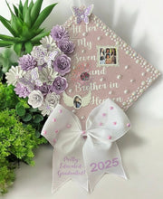 Load image into Gallery viewer, "Custom floral graduation cap topper with personalized decorations for college graduation"
