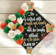 Load image into Gallery viewer, "Custom floral graduation cap topper with personalized decorations for college graduation"
