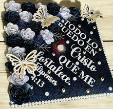Load image into Gallery viewer, "Custom floral graduation cap topper with personalized decorations for college graduation"
