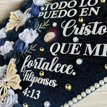 Load image into Gallery viewer, "Custom floral graduation cap topper with personalized decorations for college graduation"
