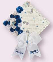 Load image into Gallery viewer, "Custom floral graduation cap topper with personalized decorations for college graduation"
