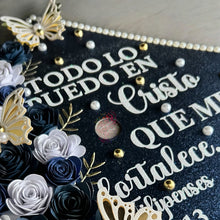 Load image into Gallery viewer, "Custom floral graduation cap topper with personalized decorations for college graduation"
