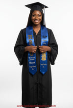 Load image into Gallery viewer, Black female graduate wearing royal blue HBCU graduation stole over black graduation gown
