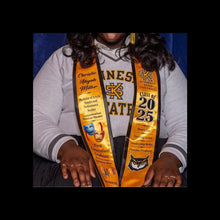 Load image into Gallery viewer, "Personalized satin graduation stole for college graduates with custom school colors and name"
