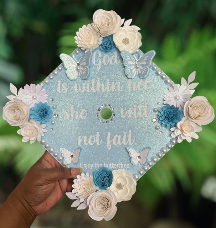 Pre-Designed Graduation Cap Topper – Elegant Butterfly, Pearl & Rhinestone Floral Design