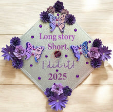 Load image into Gallery viewer, Pre-Designed Graduation Cap Topper – Elegant Butterfly, Pearl &amp; Rhinestone Floral Design
